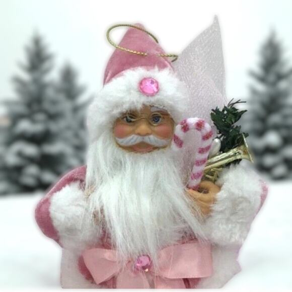 Pink Velvet Santa Claus Christmas Tree Ornament Trumpet Candy Cane - Picture 3 of 6